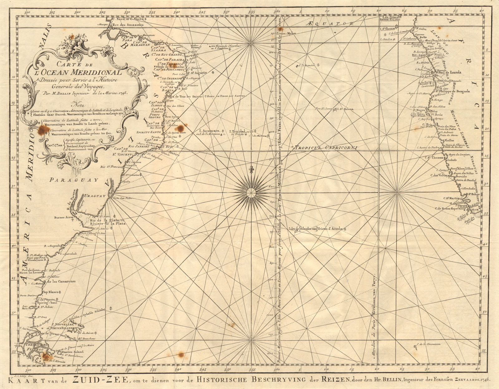 'Carte de l’Ocean Meridional'. South Atlantic Ocean. BELLIN/SCHLEY 1747 map